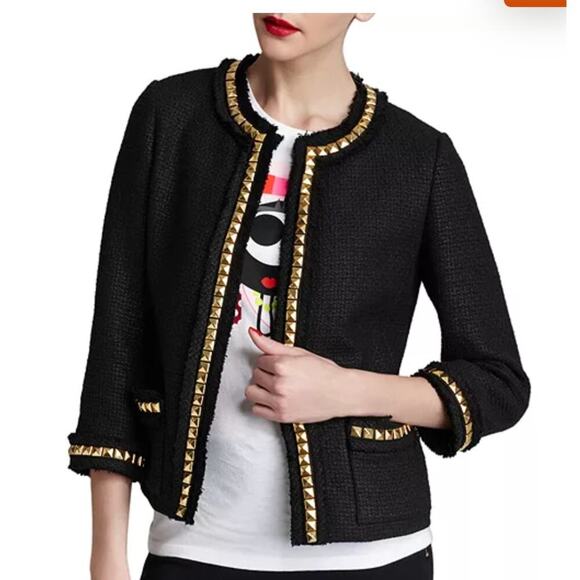 NWT Kate Spade Tabitha Tweed Wool Blazer Jacket Black Gold Studs Size 2 - Picture 1 of 7